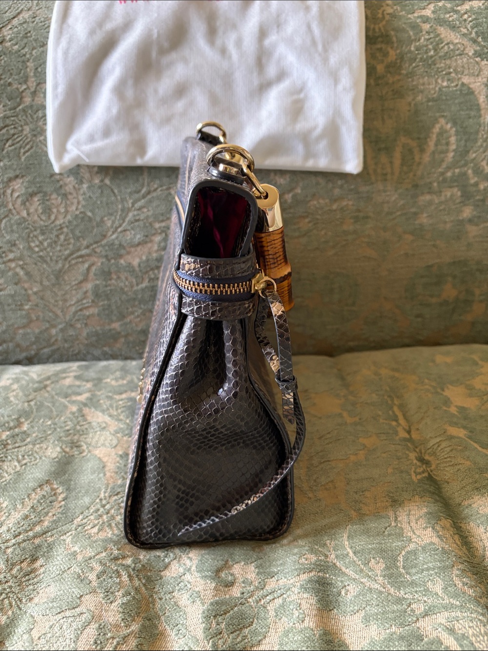 Elaine Turner Brown Python-Print Leather Satchel with Bamboo Handle - Picture 3 of 5